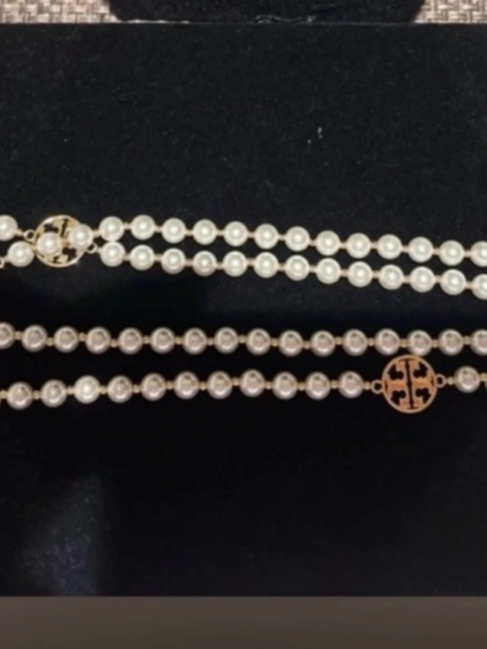 Tory Burch White Pearl Long Necklace with Gold Logo Discs